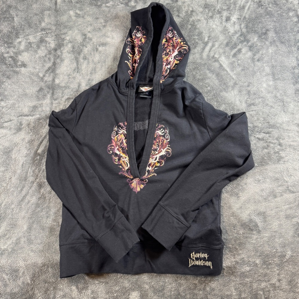 Harley Davidson Womens XL Black Graphic V-Neck Hoodie Winged Skull Pullover